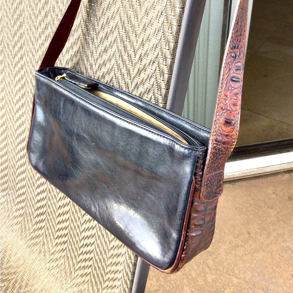 Brahmin Vintage Black/Tan Croc Leather Pochette Shoulder Bag